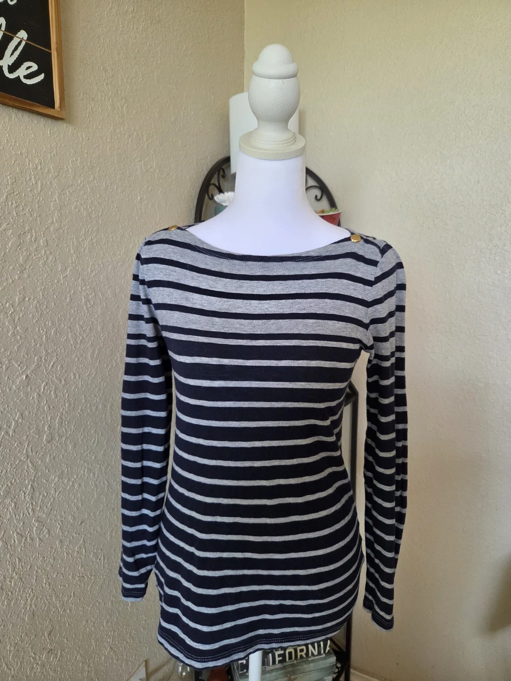 J. Crew Navy and Light Gray Striped Long-Sleeve Top with Gold Shoulder Buttons